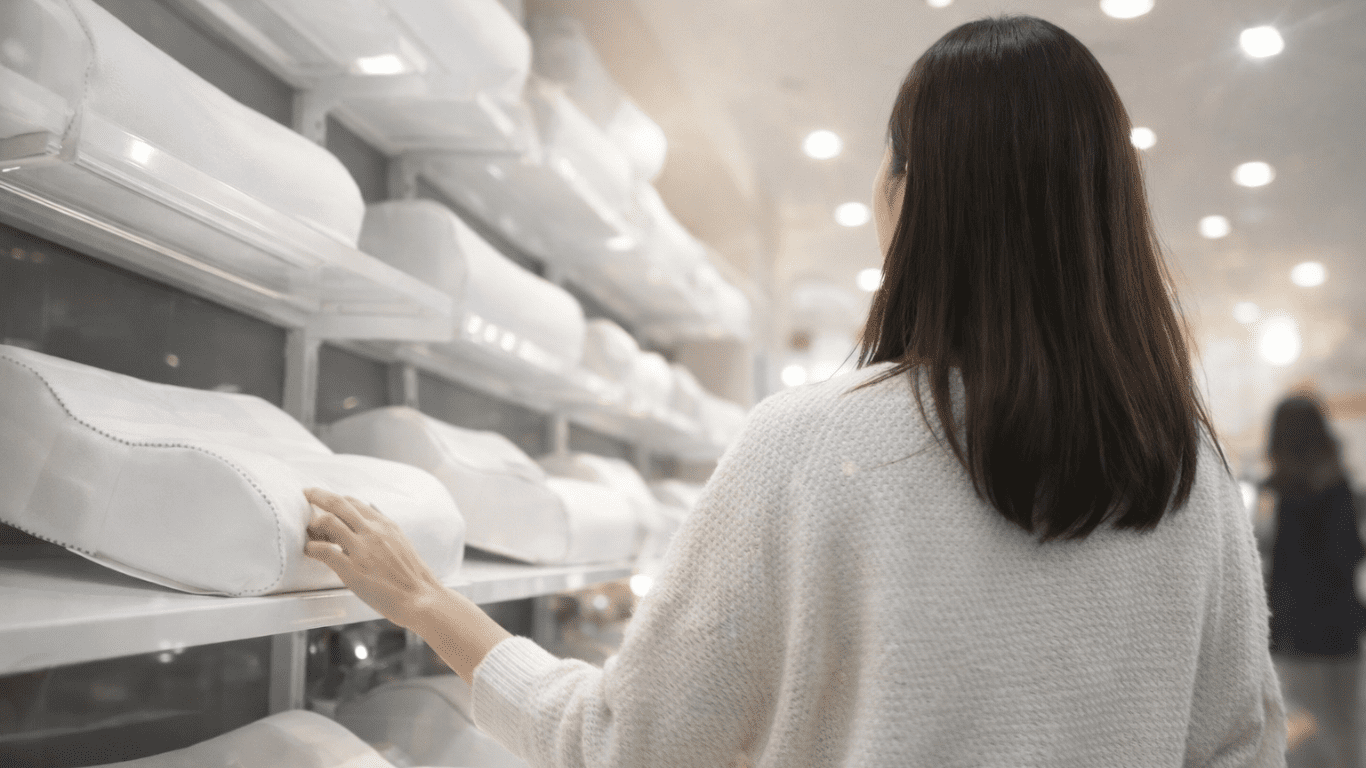 枕を何度も変えてきたが肩こりが改善せず、専門店で新しい枕を選んでいる女性の後ろ姿