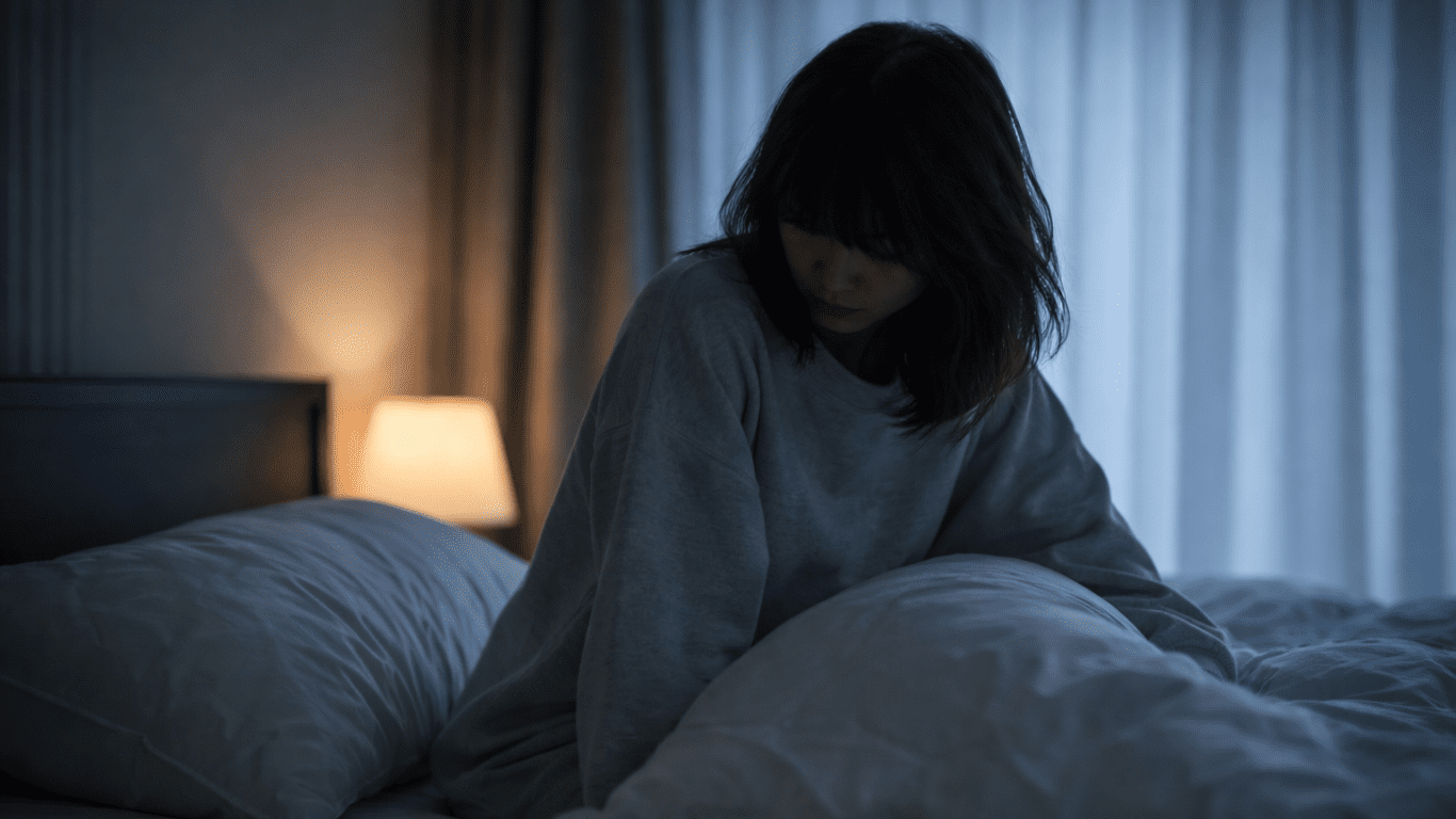 整体枕の口コミを調べたあと、実際に使い心地を確かめながら迷っている場面をイメージした寝室の様子