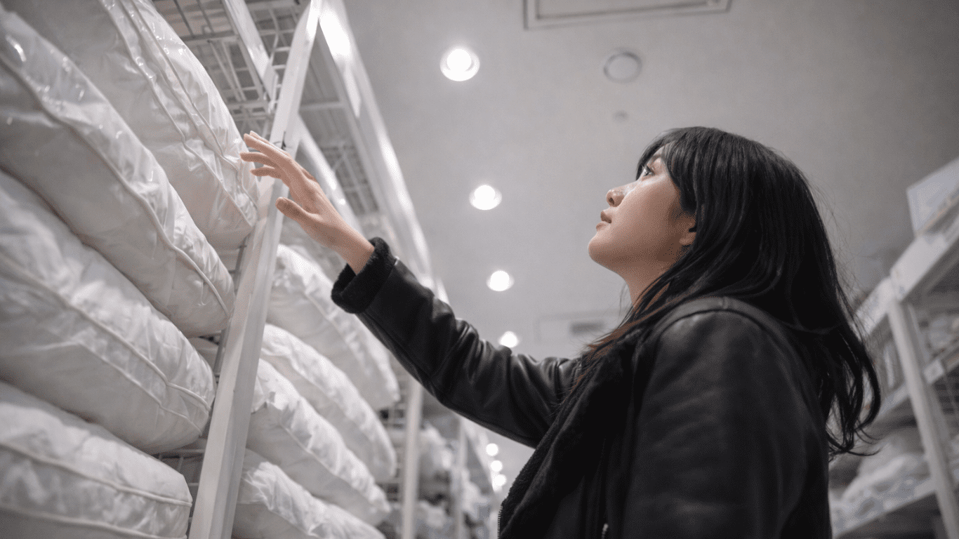 オーダーメイド枕の専門店で、棚に並ぶ枕を見比べながら選んでいる女性。購入前に迷っている様子