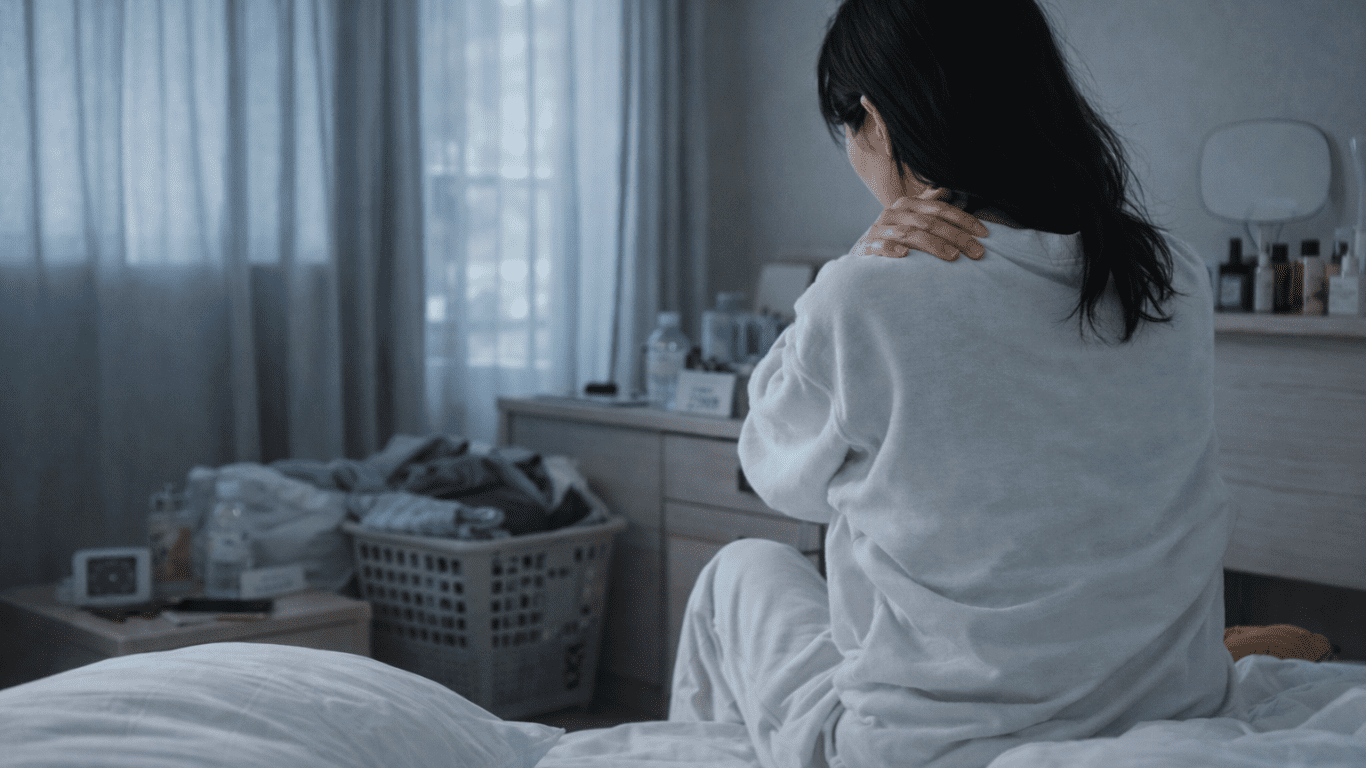 起床後にベッドに座り、肩に手を当てる人物の後ろ姿。枕で肩こりが改善するのか考えているような様子