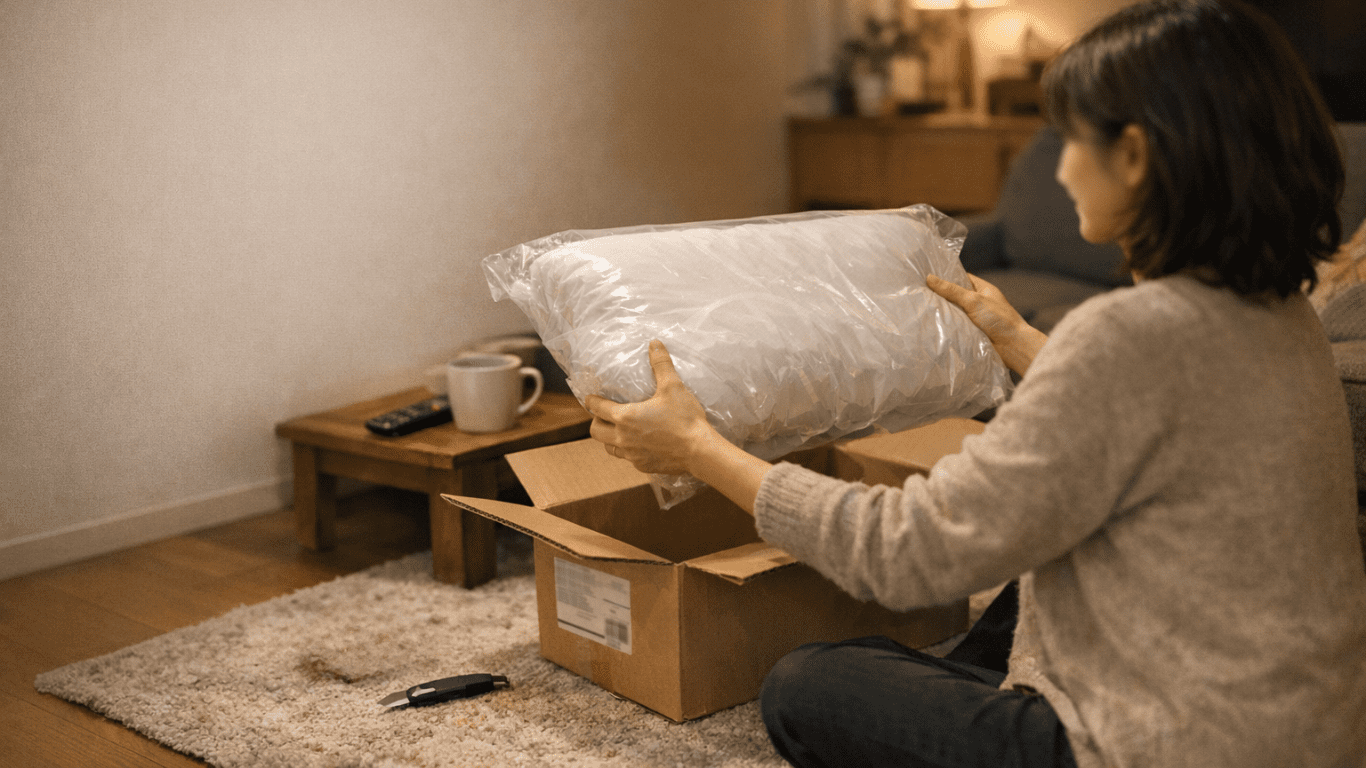 新しい枕を開封して手に取り、形や硬さを確かめる主婦の様子