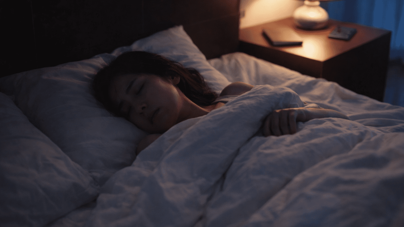 朝まで同じ姿勢で眠っている女性。寝返りが少ないと朝起きたときに体が固まってしまう様子を表現した寝室の写真。柔らかい朝の光が差し込むベッドサイドのテーブルにはスマートフォンとランプが置かれている。