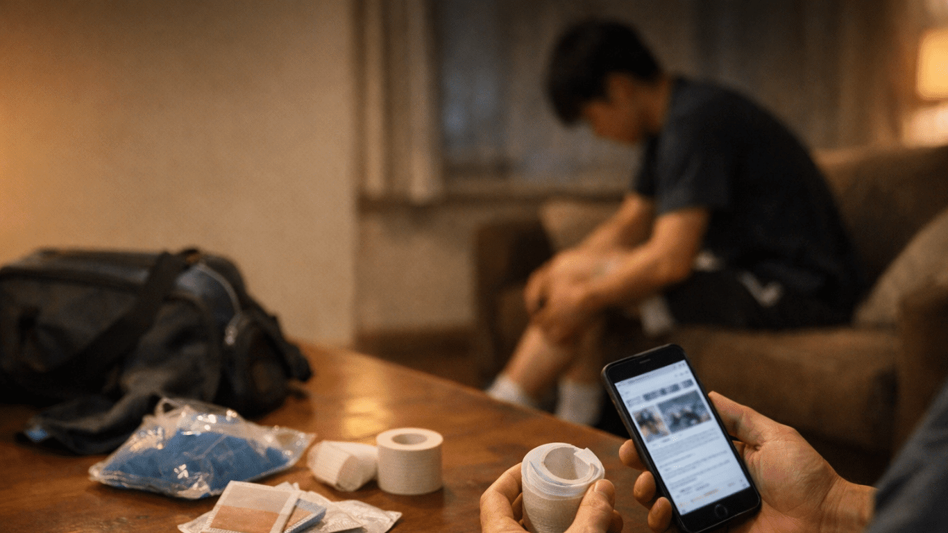 睡眠不足で怪我が増えやすいことを調べる親子のイメージ（テーピングとスマホ）