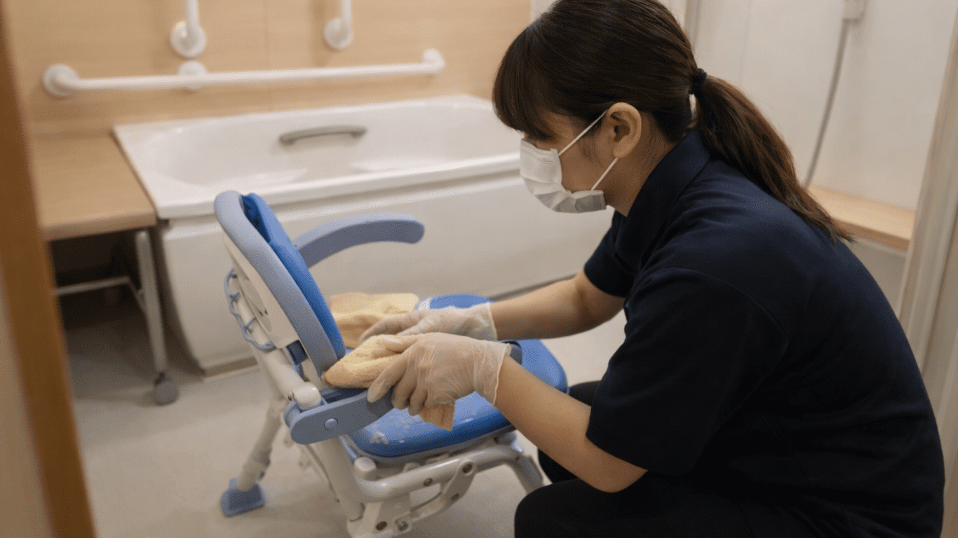 介護施設で入浴椅子を丁寧に清掃する介護士｜利用者さんのために日々働く介護職員の姿