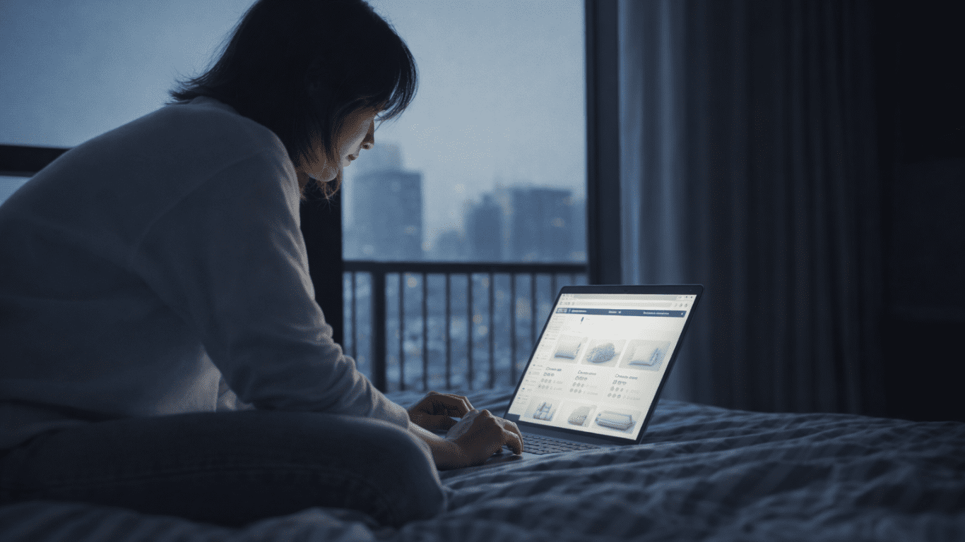 夜遅くにベッドでノートPCを使って枕の価格を比較する女性｜THE MAKURAの最安値を探している様子