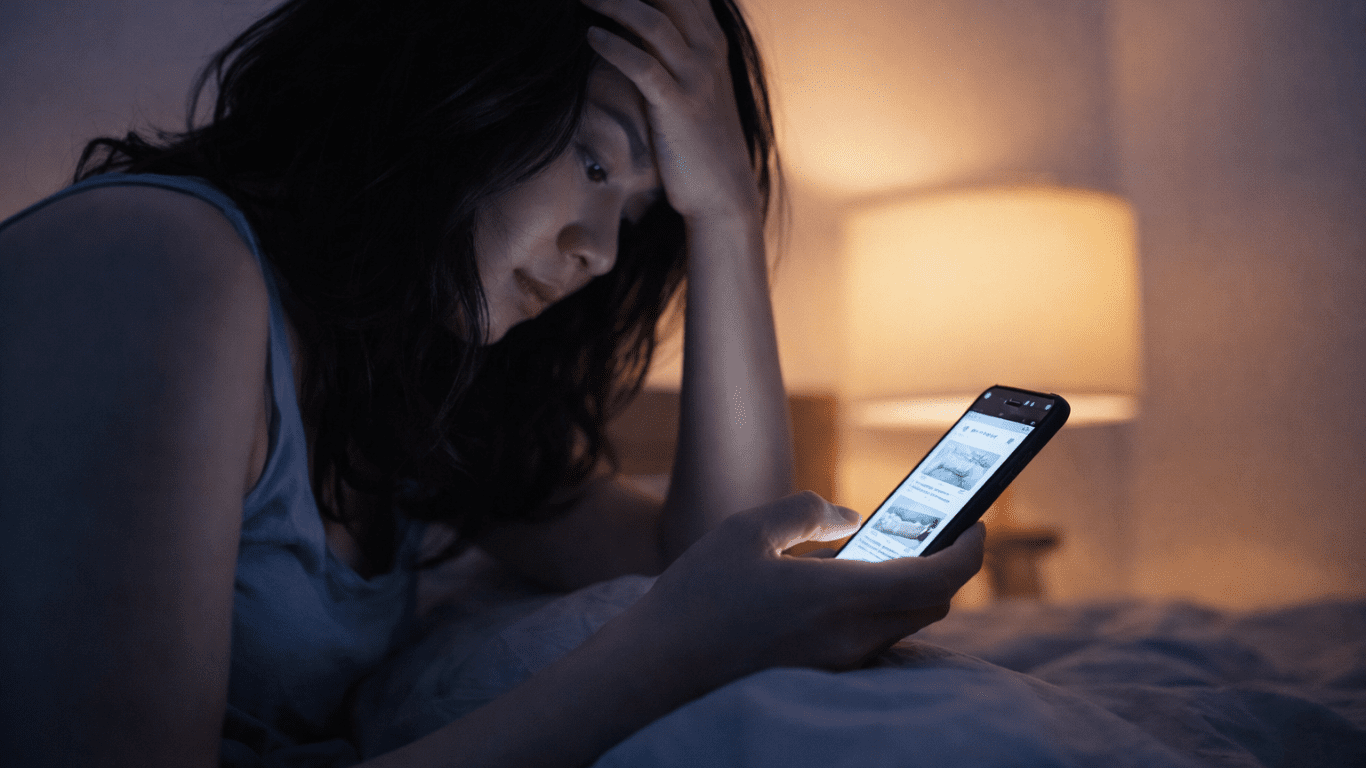 夜遅くにスマートフォンで口コミを調べる女性｜THE MAKURAの評判を購入前に確認している様子