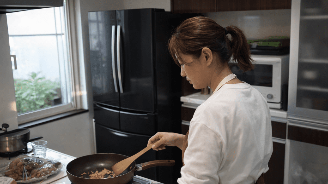 早朝のキッチンで栄養バランスを考えた朝食を準備するジュニアアスリートの母親。子どもの成長とパフォーマンス向上を食事面でサポートする日常の一コマ。