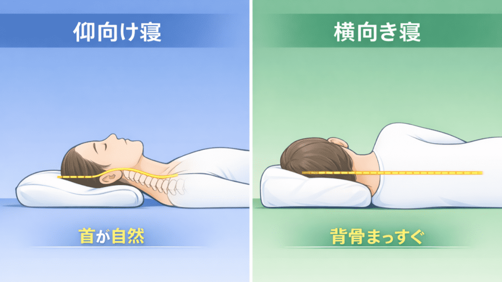 枕の高さと寝姿勢の比較図。仰向け寝（左：首が自然）と横向き寝（右：背骨まっすぐ）での適切な枕の高さを示すイラスト。