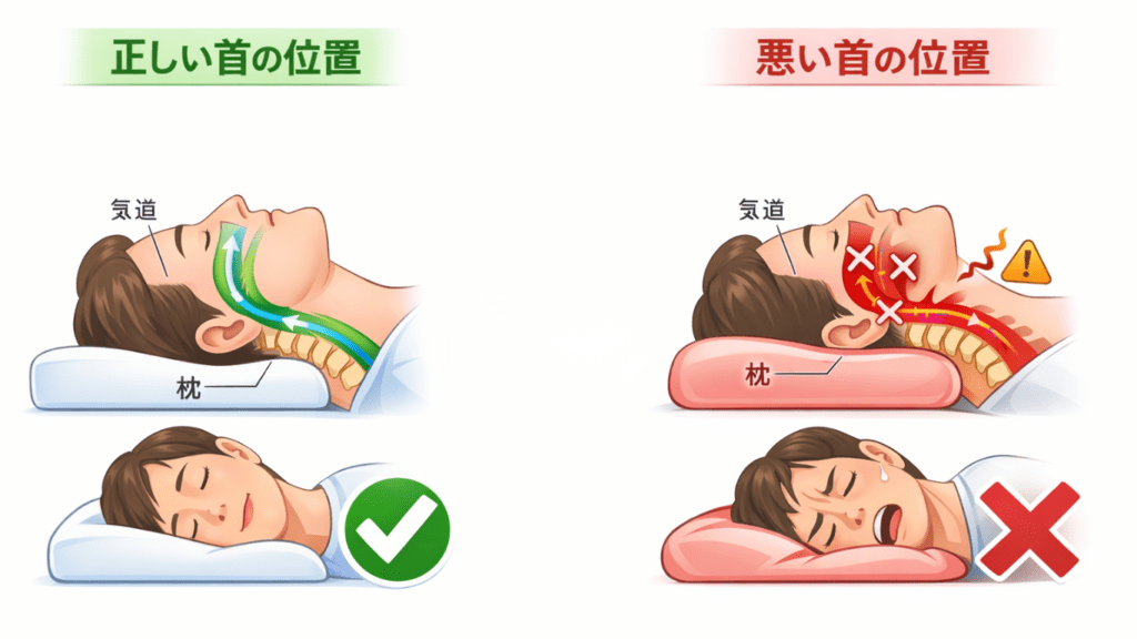 枕の高さと首の位置による気道への影響比較図。不適切な枕（右）と適切な枕（左）での気道の開通度の違いを示すイラスト。